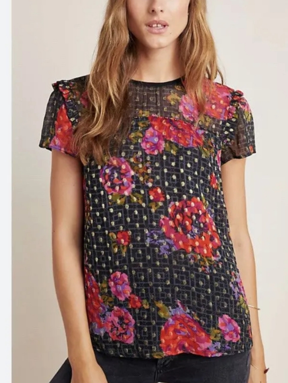 54-Anthropologie Black Sheer Floral‎ Blouse with Gold Dots